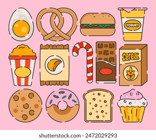 A collection of food items, including snacks and cookies soft color, showcased against a pink background in an illustration set.