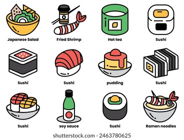 A collection of food items including sushi, ramen, and puddings. The image is in black and white and has a minimalist style