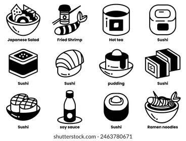 A collection of food items including sushi, ramen, and puddings. The image is in black and white and has a minimalist style