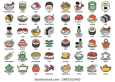 A collection of food items, including sushi, ramen, and miso soup, are displayed in a variety of shapes and sizes