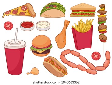 A collection of food items such as pizza, thick sausages, hamburger, kebab, sandwich and more. For restaurants, menus, children's books, can be used as stickers