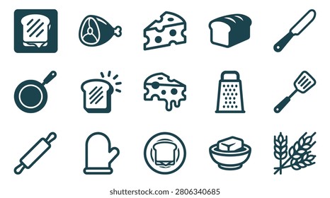 Collection of food and kitchen line icons including grilled cheese sandwiches, bread, ham, Swiss cheese, frying pan, spatula, cheese grater, butter, rolling pin, and oven mitt.