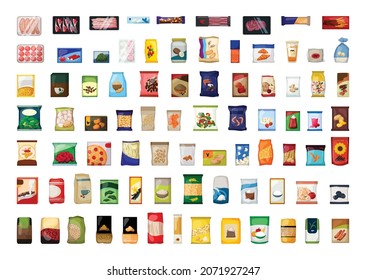 A collection of food packaging in a detailed style.