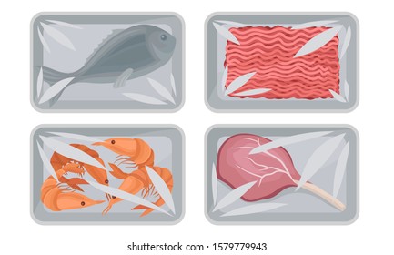 Collection of Food Plastic Tray Containers with Transparent Cellophane Covers, Fresh Minced Meat, Shrimps and Fish Packaging Vector Illustration