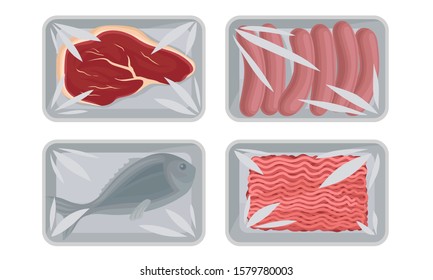 Collection of Food Plastic Tray Containers with Transparent Cellophane Covers, Fresh Minced Meat, Steak of Beef, Fish, Sausages Packaging Vector Illustration