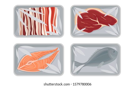 Collection Of Food Plastic Tray Containers With Transparent Cellophane Covers, Fresh Salmon Steak, Beef Meat, Raw Bacon And Fish Packaging Vector Illustration