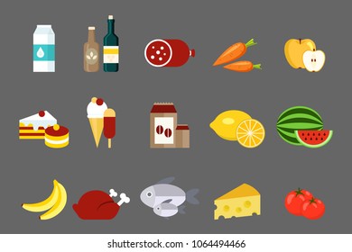 Collection of food and products, cake, watermelon, milk, sausage, carrot, apple, cake, ice cream, lemon, watermelon, banana, fried chicken, fish, cheese, tomato vector Illustrations