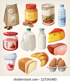 Collection of food and products that we buy or eat every day.