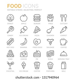 Collection of food related line icons. 48x48 Pixel Perfect. Editable stroke