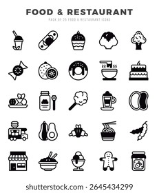 Collection of Food and Restaurant 25 Lineal Filled Icons Pack.