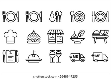 Collection of food and restaurant icons in a simple outline style silhouette