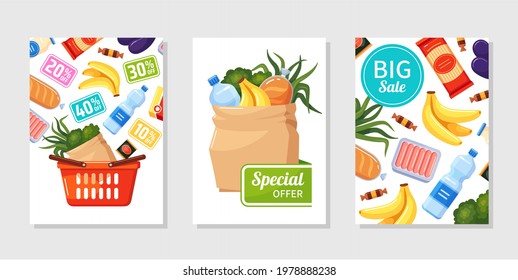 Collection of food sale vertical banner vector flat illustration. Set of promo grocery store with shopping basket, bag and meal isolated on white. Advertising flyers of market with place for text