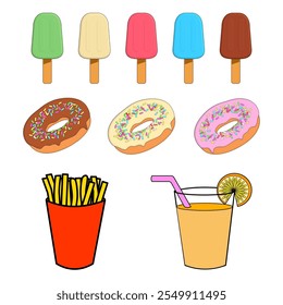 Colección de Vectores de alimentos. Comida rápida. Dulces. Donuts. Jugo. Helado. Dibujos 2D de colores simples. Fácil de incorporar en cualquier diseño. Grande tamaño. Hermoso fondo.