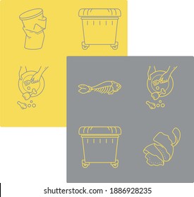 Collection of food waste: food leftovers, rind, garbage, organic matter, trash can. Yellow and gray vector compost icons set.  Isolated on a contrasting background 