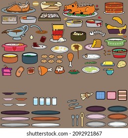 A collection of food you would find on a Thanksgiving dinner table.