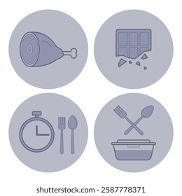 Collection of food-related icons. Piece of meat, chocolate, timer, and utensils arranged in a circular design. Culinary concept