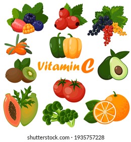 Colección de alimentos altos en vitamina C. Frutas, verduras, bayas. Vector aislado sobre fondo transparente.