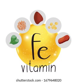 Collection of foods with vitamin Fe. Natural organic products with a high content Vitamin Fe.