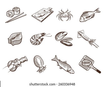 Collection foodstuffs of seafood icons on white background