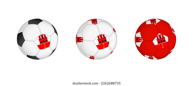 Collection football ball with the Gibraltar flag. Soccer equipment mockup with flag in three distinct configurations. Vector mockup.
