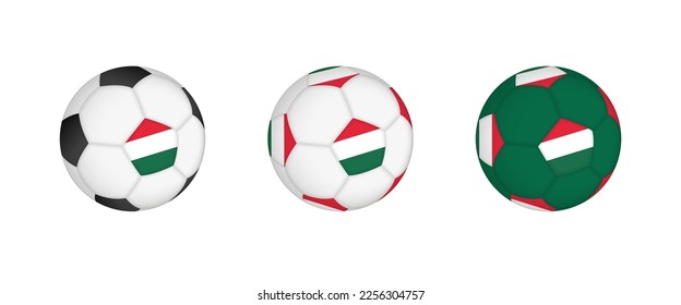 Collection football ball with the Hungary flag. Soccer equipment mockup with flag in three distinct configurations. Vector mockup.