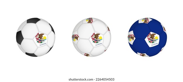 Collection football ball with the Illinois flag. Soccer equipment mockup with flag in three distinct configurations. Vector mockup.