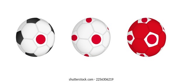 Collection football ball with the Japan flag. Soccer equipment mockup with flag in three distinct configurations. Vector mockup.