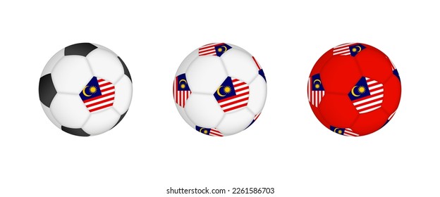 Collection football ball with the Malaysia flag. Soccer equipment mockup with flag in three distinct configurations. Vector mockup.
