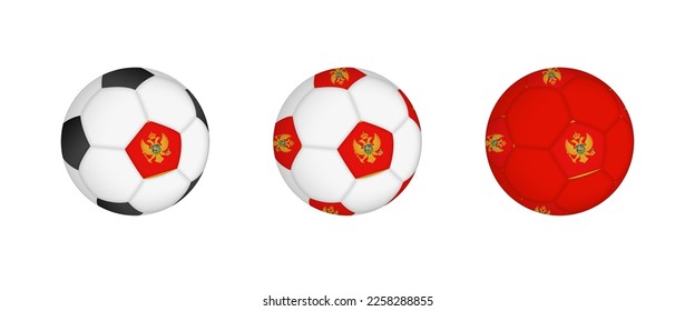 Collection football ball with the Montenegro flag. Soccer equipment mockup with flag in three distinct configurations. Vector mockup.