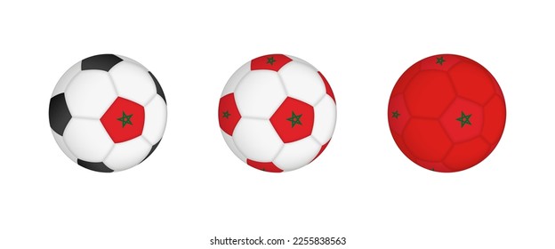 Collection football ball with the Morocco flag. Soccer equipment mockup with flag in three distinct configurations. Vector mockup.