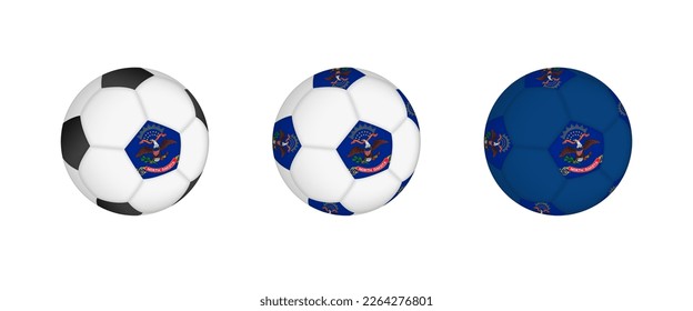 Collection football ball with the North Dakota flag. Soccer equipment mockup with flag in three distinct configurations. Vector mockup.