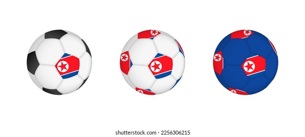 Collection football ball with the North Korea flag. Soccer equipment mockup with flag in three distinct configurations. Vector mockup.