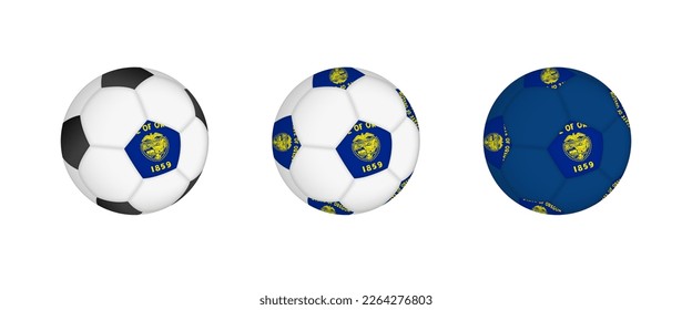 Collection football ball with the Oregon flag. Soccer equipment mockup with flag in three distinct configurations. Vector mockup.