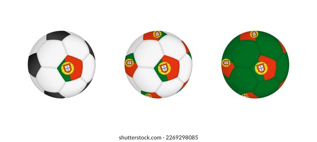 Collection football ball with the Portugal flag. Soccer equipment mockup with flag in three distinct configurations. Vector mockup.
