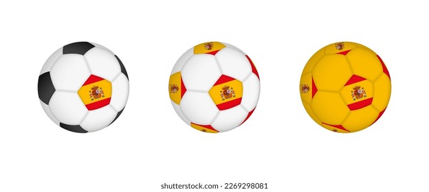 Collection football ball with the Spain flag. Soccer equipment mockup with flag in three distinct configurations. Vector mockup.