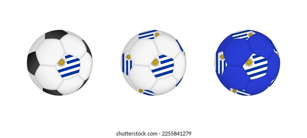 Collection football ball with the Uruguay flag. Soccer equipment mockup with flag in three distinct configurations. Vector mockup.