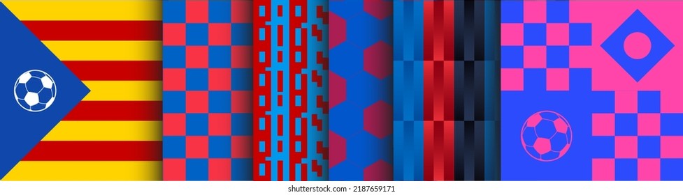 Collection of Football Seamless Paterns for Barcelona Fans. Catalonia style textures. Soccer textiles for match jersey. Shirt graphics for apparel and clothes.
