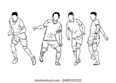 Collection of football soccer player line art. Hand drawn sketch illustration