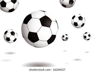 Collection of footballs bouncing on a plain white background