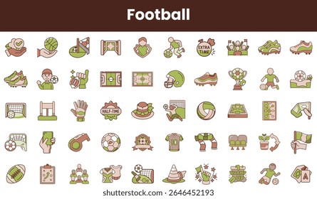 A collection of football-themed icons showcasing various elements of the sport, including equipment, players, and game moments in earthy tones.