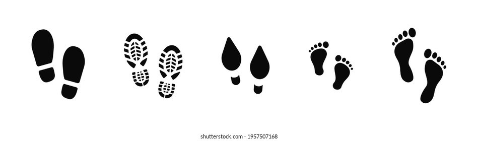 Collection of footprints shoes human walking and shoe sole feet footsteps people. Foot print, set with shoes bare feet and boot print. Paws people. Human footprints icons. Vector illustration