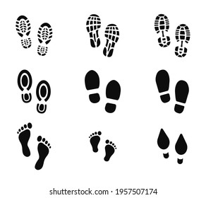 Collection of footprints shoes human walking and shoe sole feet footsteps people. Foot print, set with shoes bare feet and boot print. Paws people. Human footprints icons. Vector illustration