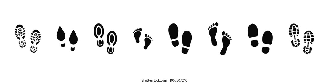 Collection of footprints shoes human walking and shoe sole feet footsteps people. Foot print, set with shoes bare feet and boot print. Paws people. Human footprints icons. Vector illustration