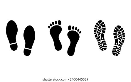 Collection of footprints shoes human walking and shoe sole feet footsteps people. Footsteps icon or sign for print isolated on white background. Vector illustration