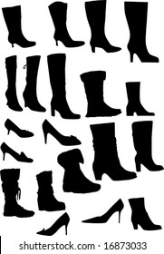 collection of footwear silhouettes isolated on white background