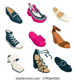 Collection Of Footwear For Women, Isolated Set Of Sneakers, Mules And Loafers. High Heels And Platform Models Of Shoes For Female. Basic And Classic Type Of Casual Clothes, Vector In Flat Style