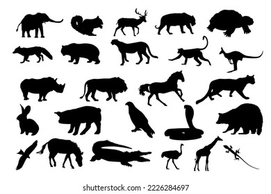 Collection of forest animal silhouettes on white background