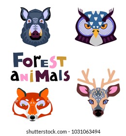 Collection of forest animals. Animal portrait set with flat design.