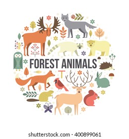 Collection of forest animals arranged in a circle. Flat style illustration isolated on background.  Zoo cartoon collection for children books and posters. Wolf, reindeer, moose, racoon, fox