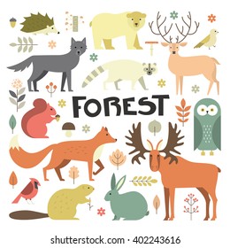 Collection of forest animals arranged in a circle. Flat style illustration isolated on background.  Zoo cartoon collection for children books and posters. Forest animals.